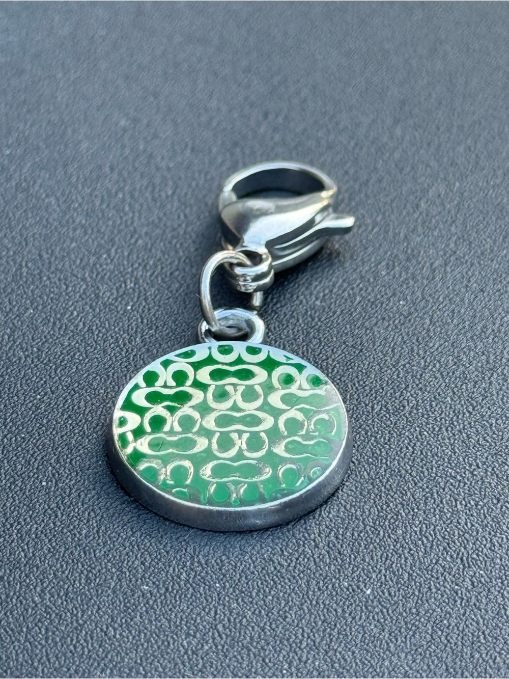 Coach Green Enamel Signature Disc Key Charm with Silver Clip